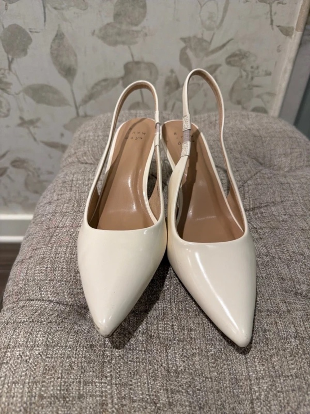 Cream Patent Pointed-Toe Slingback Heels